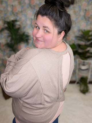 2- Long Sleeve Tops Kiara Crossover Back Top in Taupe Oatmeal plus size clothing