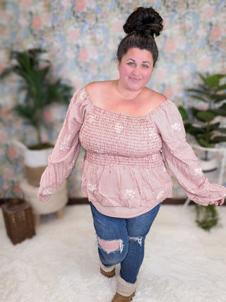 2- Long Sleeve Tops Gina Copper Striped Square Neck Top w/Embroidery plus size clothing