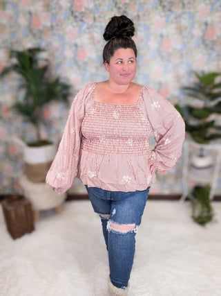 2- Long Sleeve Tops Gina Copper Striped Square Neck Top w/Embroidery plus size clothing