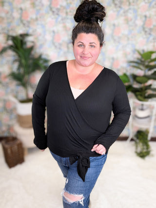 2- Long Sleeve Tops SALE- Raven Ribbed Wrap Top in Black plus size clothing