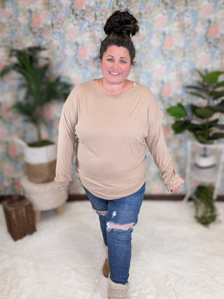 2- Long Sleeve Tops SALE- Leslie Long Sleeve Pocket Top in Ribbed Tan plus size clothing