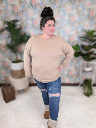 2- Long Sleeve Tops SALE- Leslie Long Sleeve Pocket Top in Ribbed Tan plus size clothing