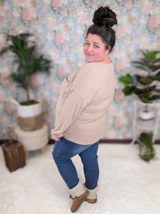 2- Long Sleeve Tops SALE- Leslie Long Sleeve Pocket Top in Ribbed Tan plus size clothing