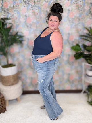 9- Bottoms Denim Judy Blue Tummy Control Medium-Light Wash Distressed Flare plus size clothing