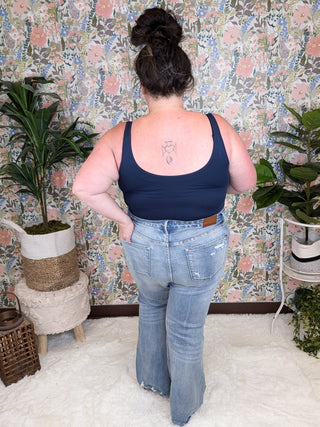 9- Bottoms Denim Judy Blue Tummy Control Medium-Light Wash Distressed Flare plus size clothing