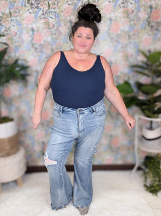 9- Bottoms Denim Judy Blue Tummy Control Medium-Light Wash Distressed Flare plus size clothing