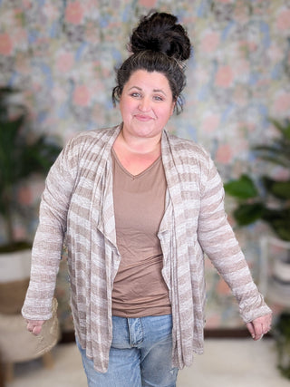 4- Overlayer Tops August Lightweight Cardigan in Taupe Stripe plus size clothing