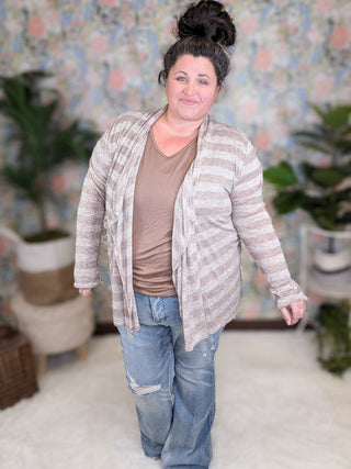 4- Overlayer Tops August Lightweight Cardigan in Taupe Stripe plus size clothing