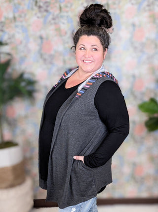 1- ShortSlv/Slvless Tops Jasmine Lightweight Vest Top w/Hood in Charcoal plus size clothing