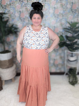 10- Bottoms Non-Denim SALE- Tatum Boho Tiered Skirt in Dark Apricot plus size clothing