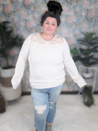 2- Long Sleeve Tops SALE- Nina Ribbed Long Sleeve w/Lace Top in Soft Beige plus size clothing