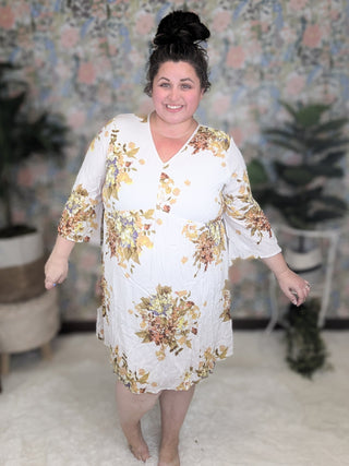 11- Dress/Romp/Jump Raenee Ivory Kimono Sleeve Dress in Fall Florals plus size clothing