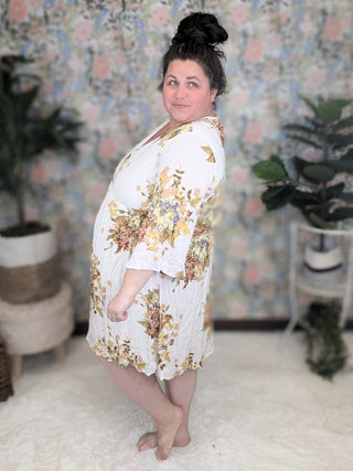 11- Dress/Romp/Jump Raenee Ivory Kimono Sleeve Dress in Fall Florals plus size clothing