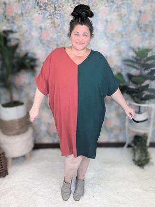 11- Dress/Romp/Jump Neve Vneck Shift Dress in Rust + Evergreen Split plus size clothing