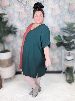 11- Dress/Romp/Jump Neve Vneck Shift Dress in Rust + Evergreen Split plus size clothing