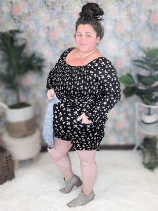 2- Long Sleeve Tops Kendra Smocked Long Sleeve Floral Dress w/Shorts in Black plus size clothing