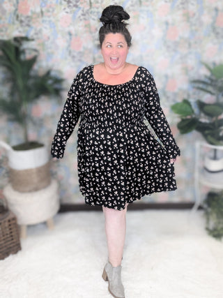 2- Long Sleeve Tops Kendra Smocked Long Sleeve Floral Dress w/Shorts in Black plus size clothing