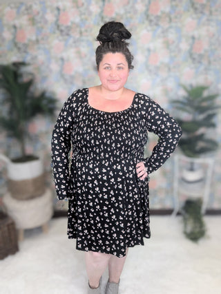 2- Long Sleeve Tops Kendra Smocked Long Sleeve Floral Dress w/Shorts in Black plus size clothing