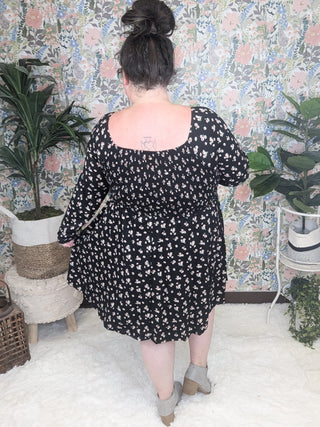 2- Long Sleeve Tops Kendra Smocked Long Sleeve Floral Dress w/Shorts in Black plus size clothing