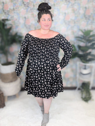 2- Long Sleeve Tops Kendra Smocked Long Sleeve Floral Dress w/Shorts in Black plus size clothing