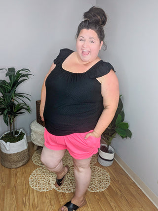 10- Bottoms Non-Denim Cassidy Draped Harem Shorts in Neon Pink plus size clothing