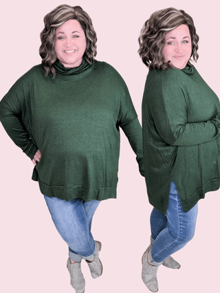 2- Long Sleeve Tops Ellis Cashmere Soft Dolman Cowlneck in Hunter Green plus size clothing