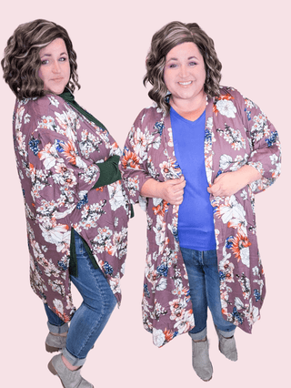 4- Overlayer Tops Cherise Flowy Sleeve Kimono in Eggplant Floral plus size clothing