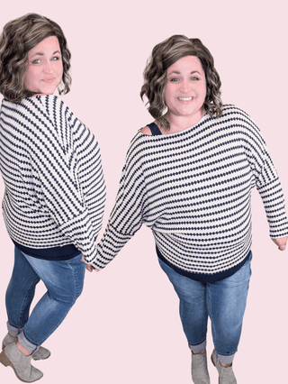 2- Long Sleeve Tops Cindee Diamond Print Boatneck Top in Taupe + Navy plus size clothing