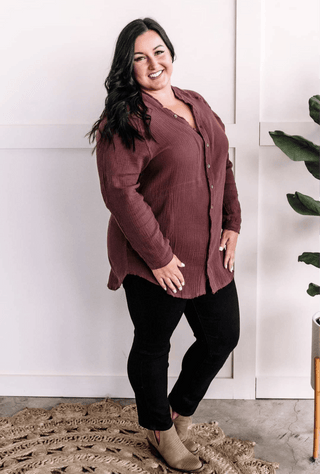 2- Long Sleeve Tops Payton Button Front Gauze Top In Berry Raisin plus size clothing