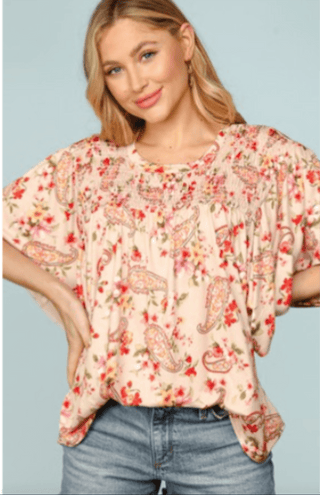 2- Long Sleeve Tops Alicia Smocked Blush Top in Paisley Floral Mix plus size clothing