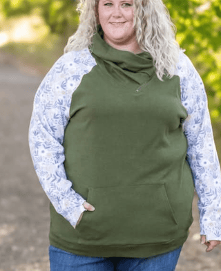 4- Overlayer Tops SALE- PHC- Triple Stretch ZipCowl Pullovers in Olive Floral plus size clothing