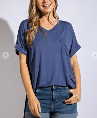 1- ShortSlv/Slvless Tops Saylor High-Low Vneck Pocket Tee w/Cuff Sleeve + Side Slit (6 colors!) plus size clothing