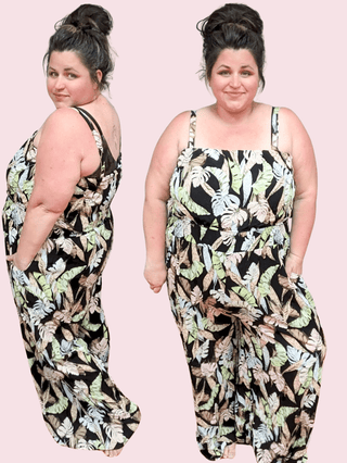 11- Dress/Romp/Jump SALE- Demi Wide Leg Jumpsuit w/Pockets in Botanical Black plus size clothing