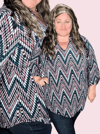 2- Long Sleeve Tops Scottie Vneck Blouse in Teal + Berry Zigzag plus size clothing