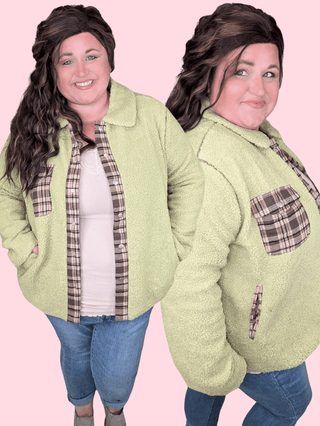 4- Overlayer Tops McKenzie Pistachio Sherpa Light Jacket w/Plaid Accents plus size clothing