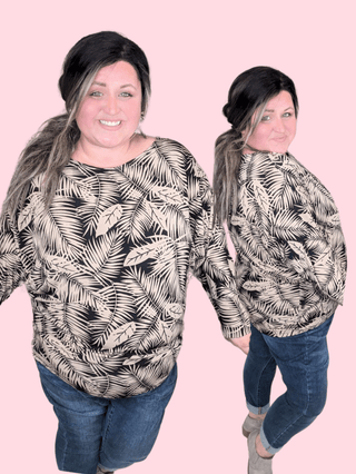 2- Long Sleeve Tops Fawn Boatneck Dolman Top in Black + Taupe Leaf Print plus size clothing