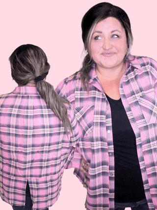 2- Long Sleeve Tops Emmy Fringe Bottom Lightweight Buttondown in Pink Plaid plus size clothing