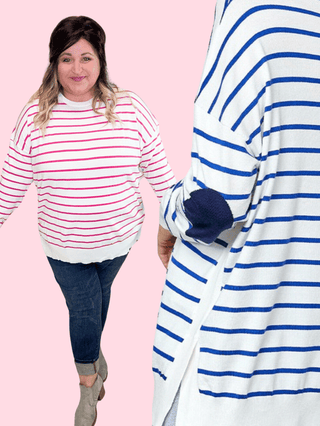 2- Long Sleeve Tops Geri Bright Striped Ivory Sweater w/Elbow Patches plus size clothing