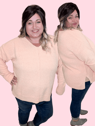 2- Long Sleeve Tops Drew Slouchy Chenille Sweater w/Center Seam in Apricot plus size clothing