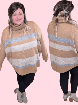 2- Long Sleeve Tops Vera Funnel Neck Tunic Sweater in Camel Neutrals plus size clothing