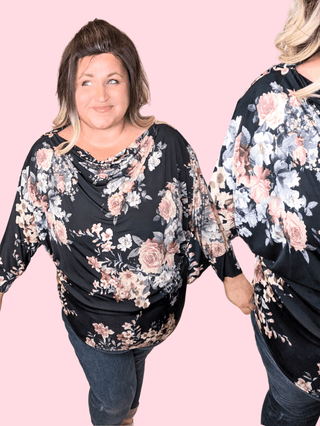 2- Long Sleeve Tops Gale Boatneck Long Sleeve Dolman Top in Black Floral plus size clothing