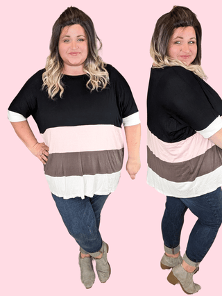 1- ShortSlv/Slvless Tops Jillian Colorblock Crewneck Short Sleeve in Dark Neapolitan plus size clothing