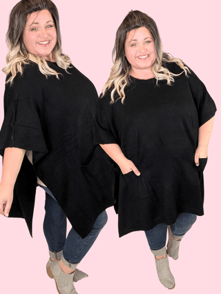 1- ShortSlv/Slvless Tops Penelope Oversized Short Sleeve Sweater w/Pockets in Black plus size clothing