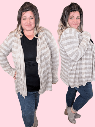 4- Overlayer Tops August Slub Knit Lightweight Cardi in Taupe Stripe plus size clothing