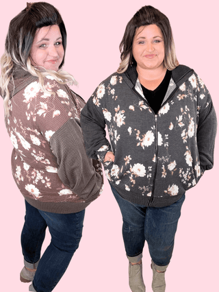 3- Hooded Tops PHC- Ramona Ribbed Full Zip Hoodie in Neutral Florals plus size clothing