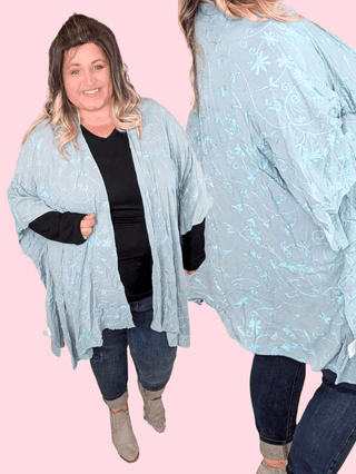 4- Overlayer Tops Iris Embroidered Floral Kimono in Faded Aqua plus size clothing