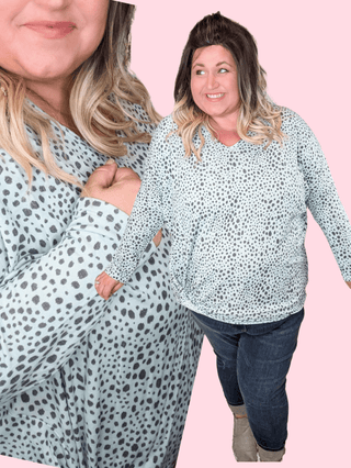 2- Long Sleeve Tops Gwenna Spotted + Knotted Vneck Pullover in Mint plus size clothing