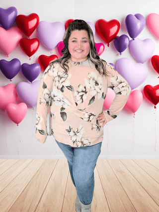 2- Long Sleeve Tops Lachlan Gathered Front Floral Top in Peachy Taupe plus size clothing