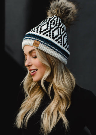 12- Accessories & Gifts ***White, Black, Blue & Tan Patterned Pom Hat plus size clothing