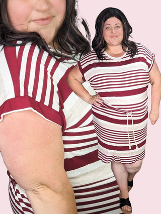 11- Dress/Romp/Jump Hazel Tie Waist Striped Dress in Burgundy, Ivory + Oat plus size clothing